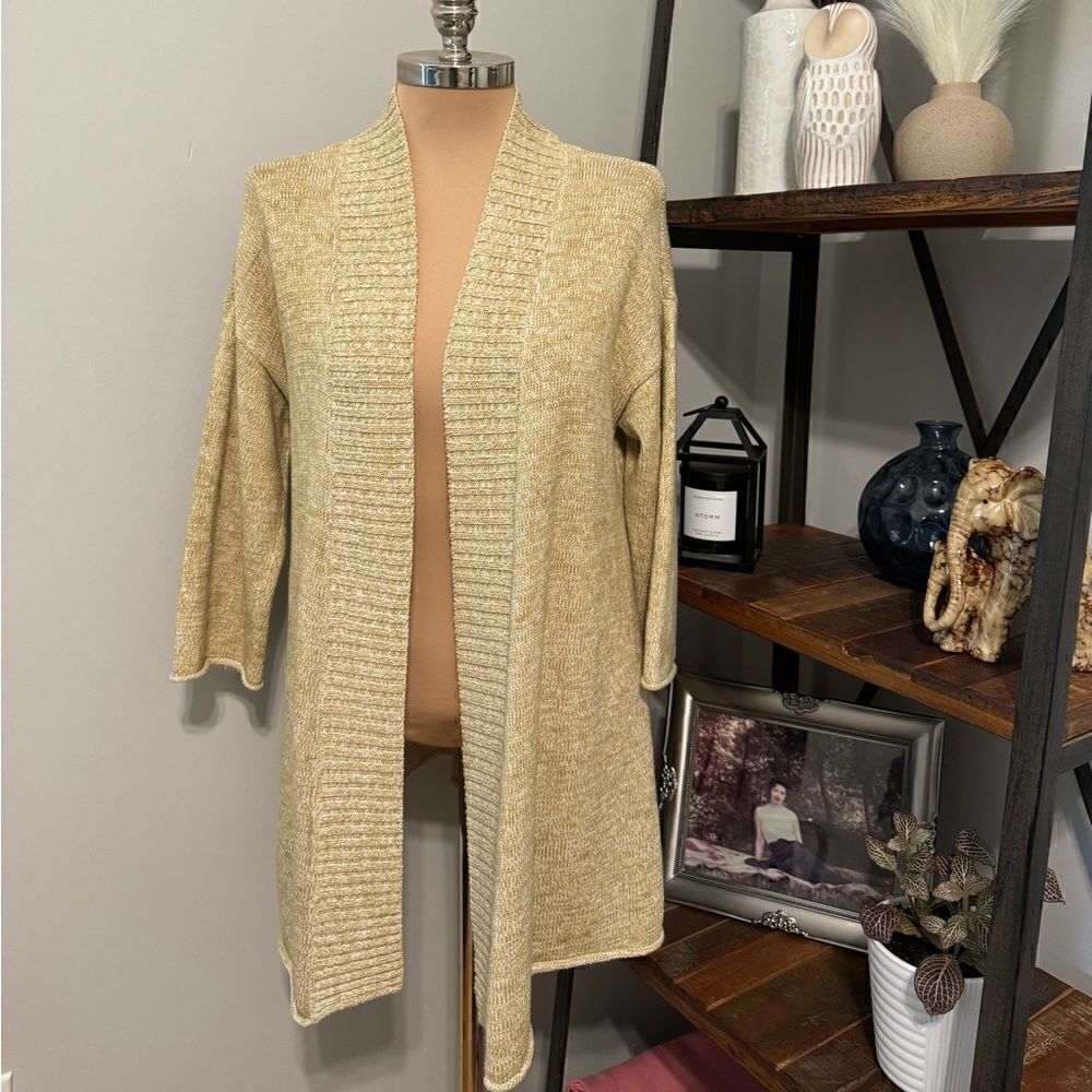 EILEEN FISHER Cardigan Women’s LRG Textured Open Front Neck Cotton Green Beige